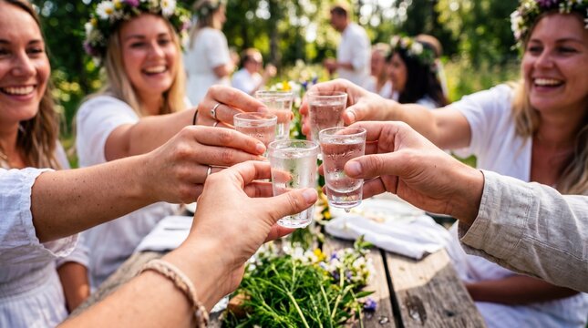 Friends clinking glasses of akvavit at a Swedish Midsummer outdoor party.