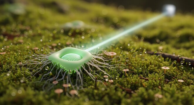Futuristic device emitting light on mossy forest floor