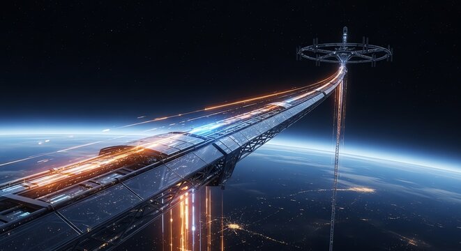 Futuristic space elevator connecting Earth and station
