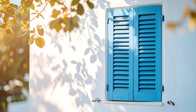 Weathered blue shutters on white wall, gentle leaf and branch shadows across surface, warm hazy natural daylight, rustic architecture