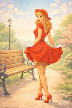 Playful pinup style woman in a bright red dress twirls by a wood