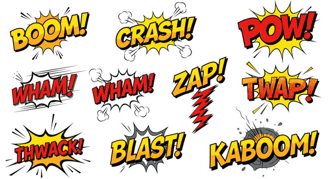 Colorful comic book onomatopoeia sound effects collection