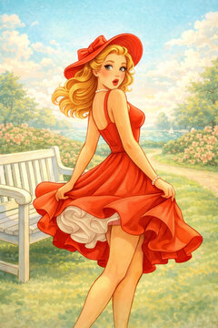 Retro inspired pinup woman in a flowing red dress and hat holds