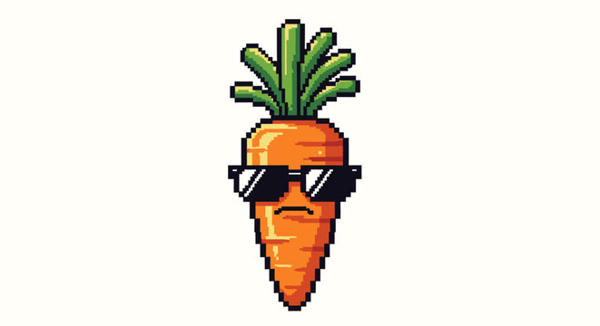 Pixel Art Carrot Wearing Sunglasses with a Grumpy Face.