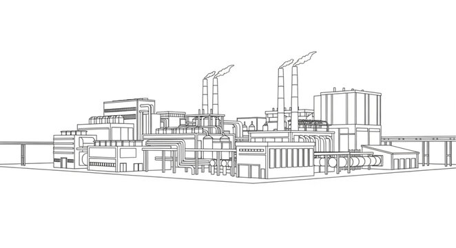 Industrial factory complex sketch drawing illustration.