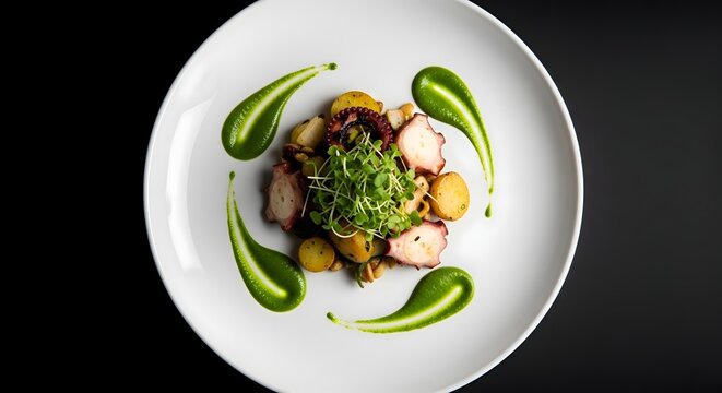Elegant octopus dish with golden potatoes and vibrant green sauce, artfully plated on a white ceramic dish, showcasing culinary artistry and refined dining presentation.