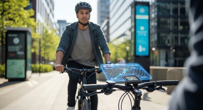 Man cycling in urban setting using navigation display