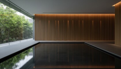 Obraz premium Minimalist luxury indoor pool with wood paneling, serene wellness spa interior with dark reflective water, modern architectural design with large glass windows