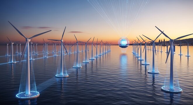 Offshore wind farm at sunset with digital overlay