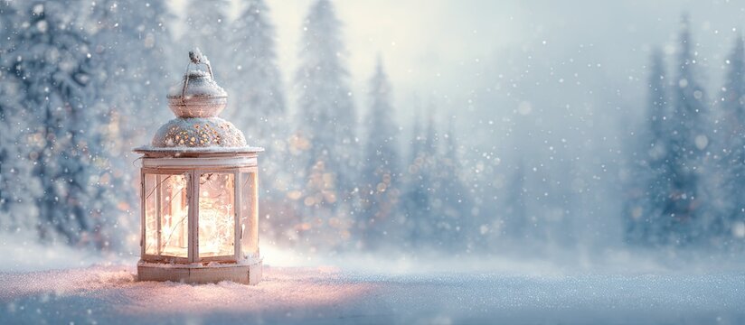 Ornate lantern glows warmly in a mystical, snow-dusted winter forest as flakes fall