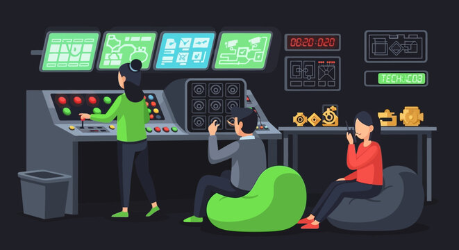 People working in a futuristic control room environment.