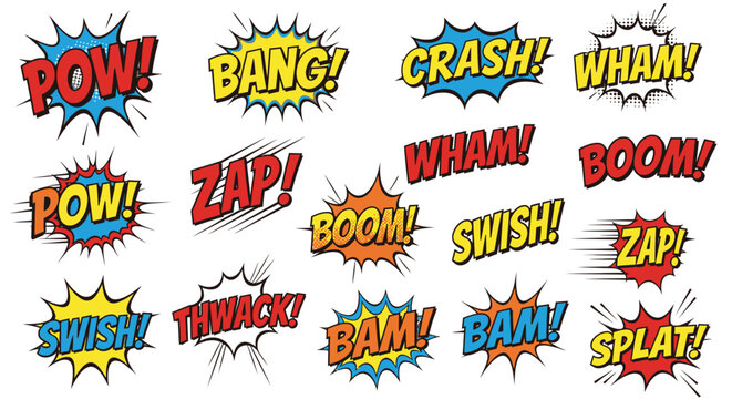Colorful comic book sound effects and speech bubbles collection