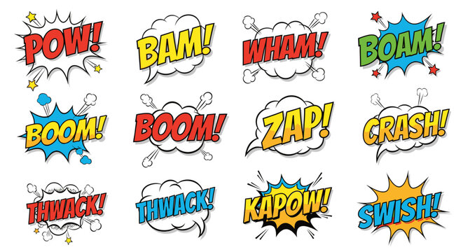 Colorful comic book sound effects and speech bubbles on white