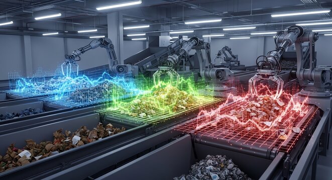 Robotic arms sorting waste on conveyor belts