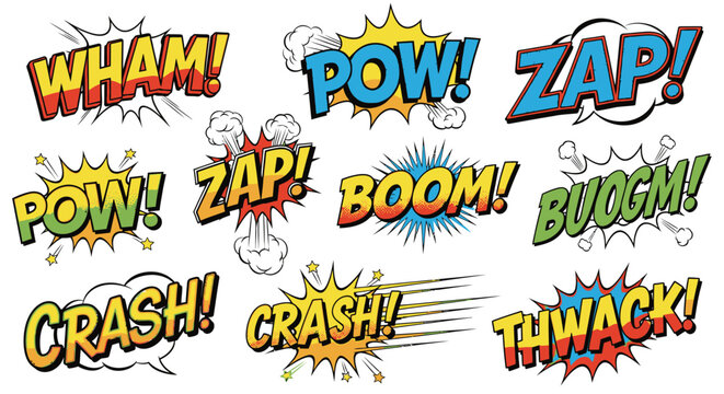 Colorful comic book sound effects collection on white background