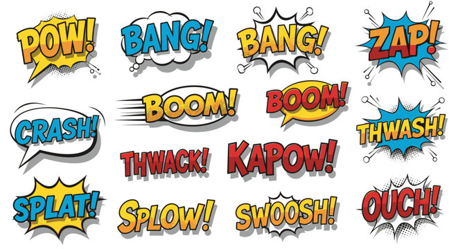 Colorful comic book sound effects on a white background