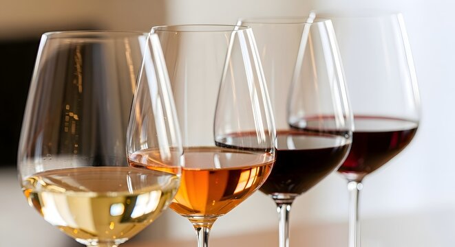 Elegant arrangement of wine glasses filled with different varieties &ndash; white, ros&eacute;, and red &ndash; showcasing rich hues and delicate stems, set against a softly blurred, sophisticated backdrop.