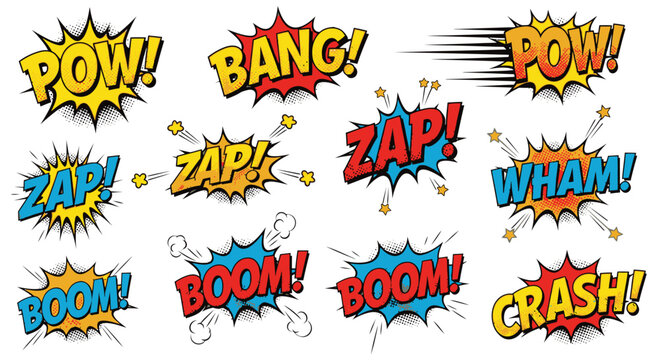 Colorful comic book sound effect bubbles on white background