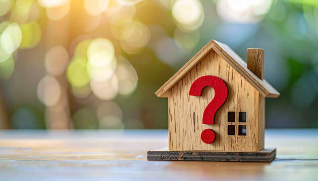 Miniature wooden house with red question mark, real estate property concept, soft blurred background, home and housing problem