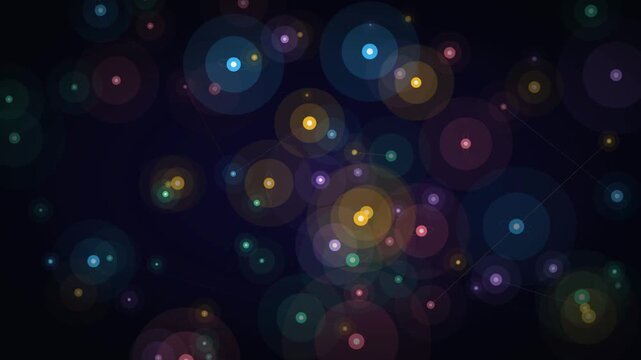Abstract bokeh light particles on dark background, colorful glowing lens flare circles, soft shimmering orbs for cinematic video transitions