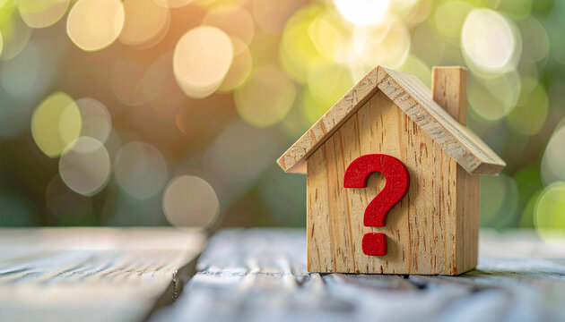 Miniature wooden house with red question mark, real estate property concept, soft blurred background, home and housing problem