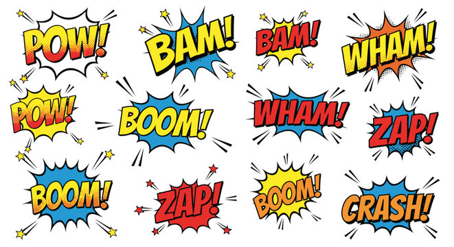 Colorful comic book sound effect bubbles on white background