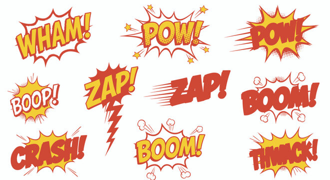 Colorful comic book sound effect bubbles with action words set