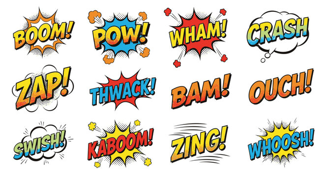 Colorful comic book sound effect bubbles with retro onomatopoeia words
