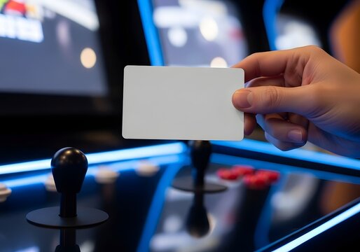 Person's hand holding a blank white plastic card for mockup in front of a retro arcade game machine with joysticks and neon blue lights in a dark amusement center environment.