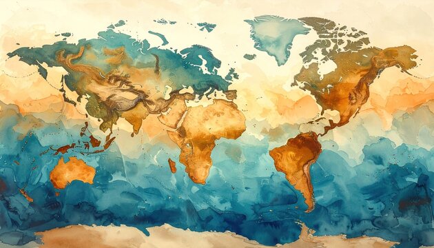 Watercolor world map, earth tones and ocean blue hues