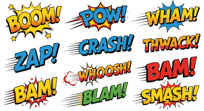 Colorful comic book sound effects set on white background