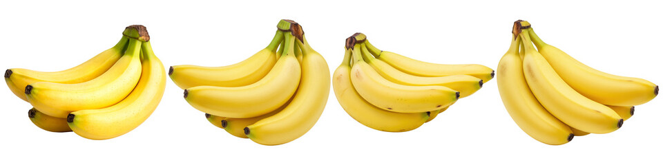 Four vibrant yellow bunches of ripe bananas, meticulously captured from various angles. © Food and Drink