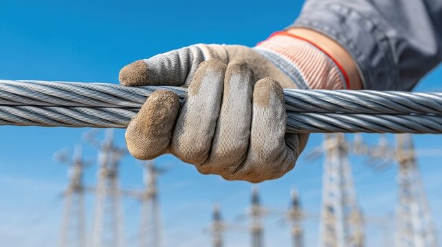 Worker Holding Electrical Cable with Gloves in Front of Power Line Towers Under Blue Sky, High Voltage Construction Task and Safety Measures Emphasized