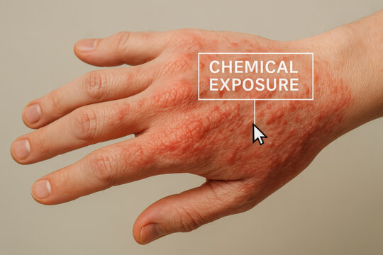 Close up of human hand with painful red skin rash from an allergic reaction. This chemical exposure causes severe irritation, healthcare and safety concept