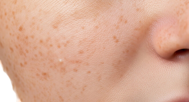 Detailed macro photograph of human epidermis texture featuring natural sunlight freckle, visible pore, and organic imperfection for dermatology, aesthetic beauty, and skincare concept.