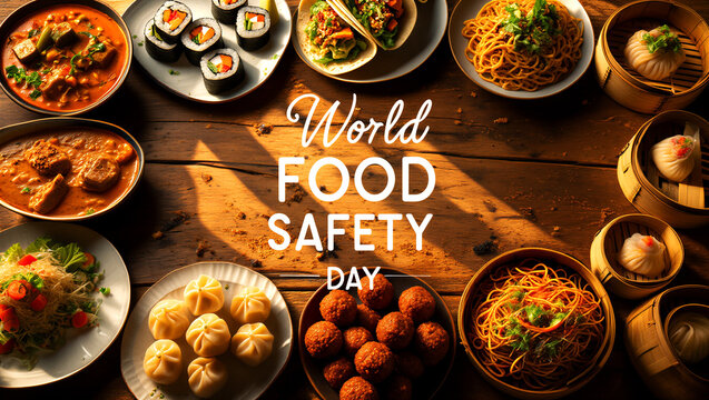 Delicious international cuisine and dishes arranged beautifully for world food safety day celebration concept