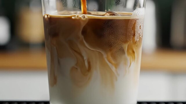 Espresso shot poured over ice and milk for an iced latte
