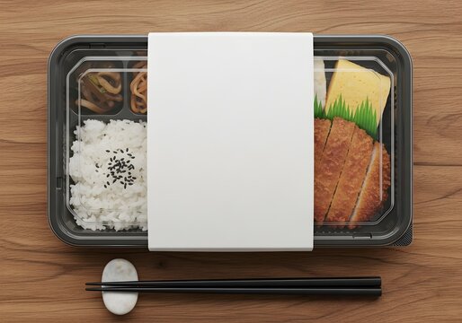 Japanese Tonkatsu Bento Box in Plastic Container with Blank White Sleeve Label and Chopsticks on Wooden Table, Top View of Breaded Pork Cutlet, Rice, and Tamagoyaki Takeout Meal.