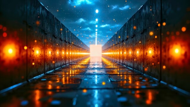 Long illuminated tunnel perspective with golden lights