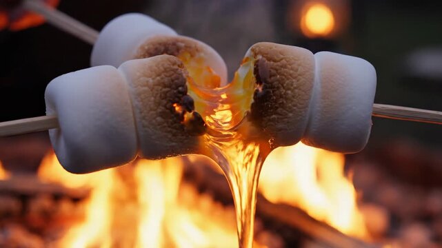 Marshmallows being roasted over a campfire, with gooey melted marshmallow dripping down.