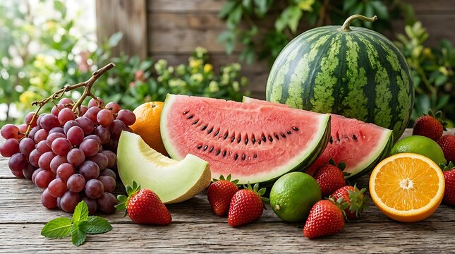 Aneka Buah Musim Panas Segar Berwarna Cerah di Meja Kayu Pedesaan