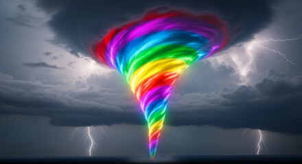 Obraz premium A vibrant rainbow tornado swirling amidst a stormy sky with dramatic lightning strikes illuminating the dark clouds, symbolizing hope and power through adversity