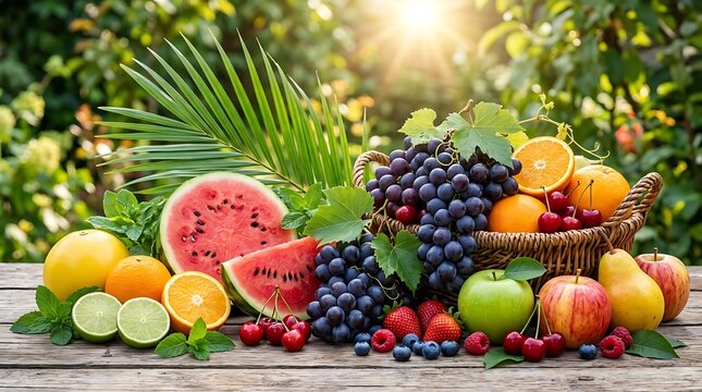 Buah buahan seperti mangga, jeruk, semangka, anggur, apel, lemon, stroberi, pir, ceri dan blueberry disusun estetik di atas papan  untuk keperluan iklan makanan sehat dan food advertising lainnya.
