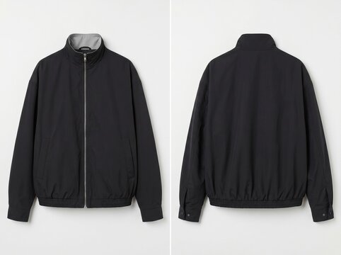 Black Lightweight Windbreaker Bomber Jacket for Men, Front and Back View Product Shot Isolated on White