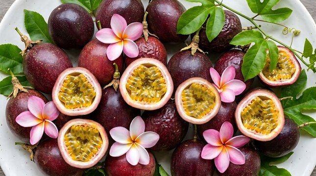 Buah Markisa Tropis Segar dengan Bunga Kamboja