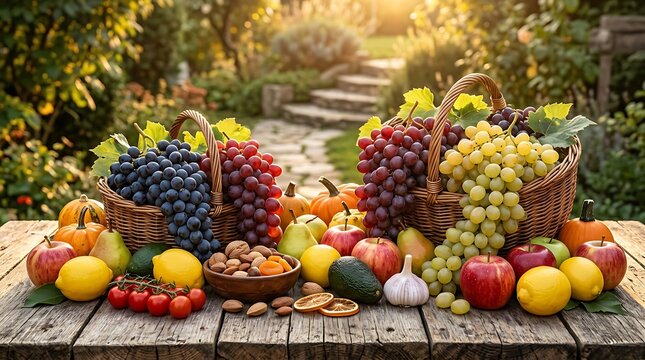 Display buah dan sayuran serta rempah seperti bawang putih di atas susunan papan yang estetik. Biasanya digunakan untuk keperluan kampanye makanan sehat nan segar dan advertising healthy food lainnya.
