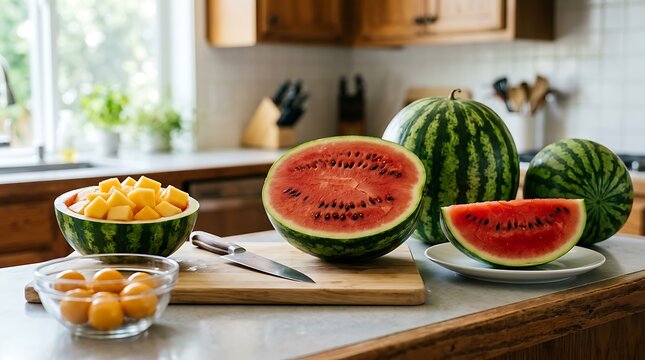 Persiapan Buah Semangka dan Buah Musim Panas Segar di Dapur Cerah