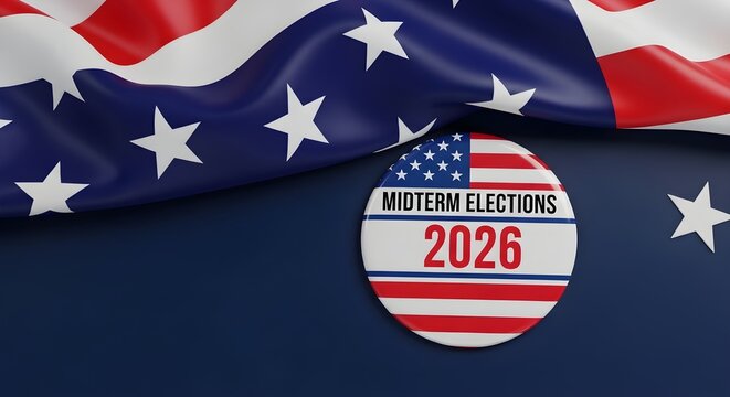 American flag draped over a campaign button announcing midterm elections in two thousand twenty-six.