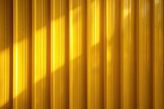 Bright yellow corrugated metal wall with strong diagonal sunlight and shadow patterns