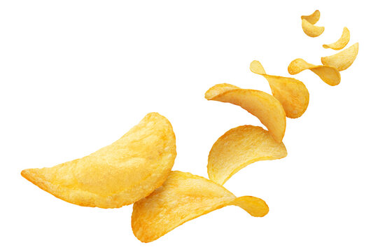 Delicious potato chips in dynamic composition, isolated on cutout transparent background
